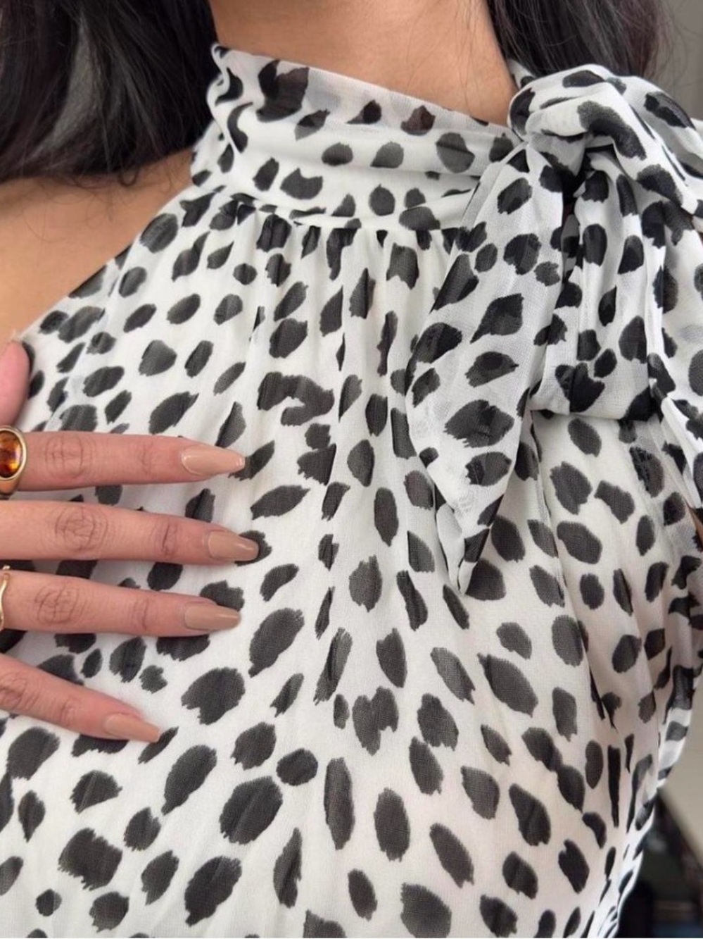 Express Black & White Tie-Neck Animal Print Blouse
